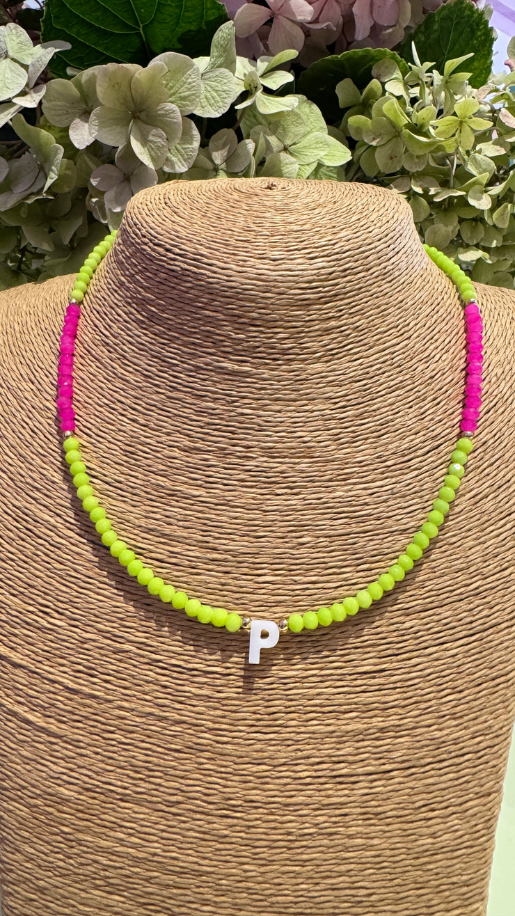 Beaded Initial Necklace - P - Lime and Bright Pink