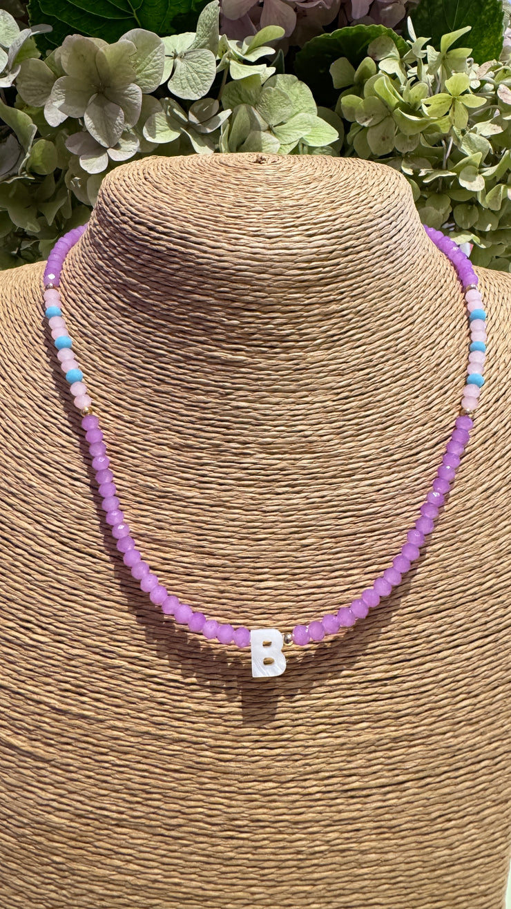 Beaded Initial Necklace - B - Purple, Pale Pink and Blue