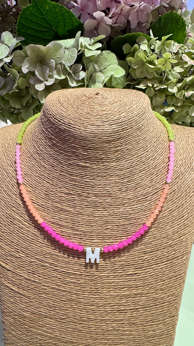 Beaded Initial Necklace - M - Pink, Peach, Pale pink, Lime