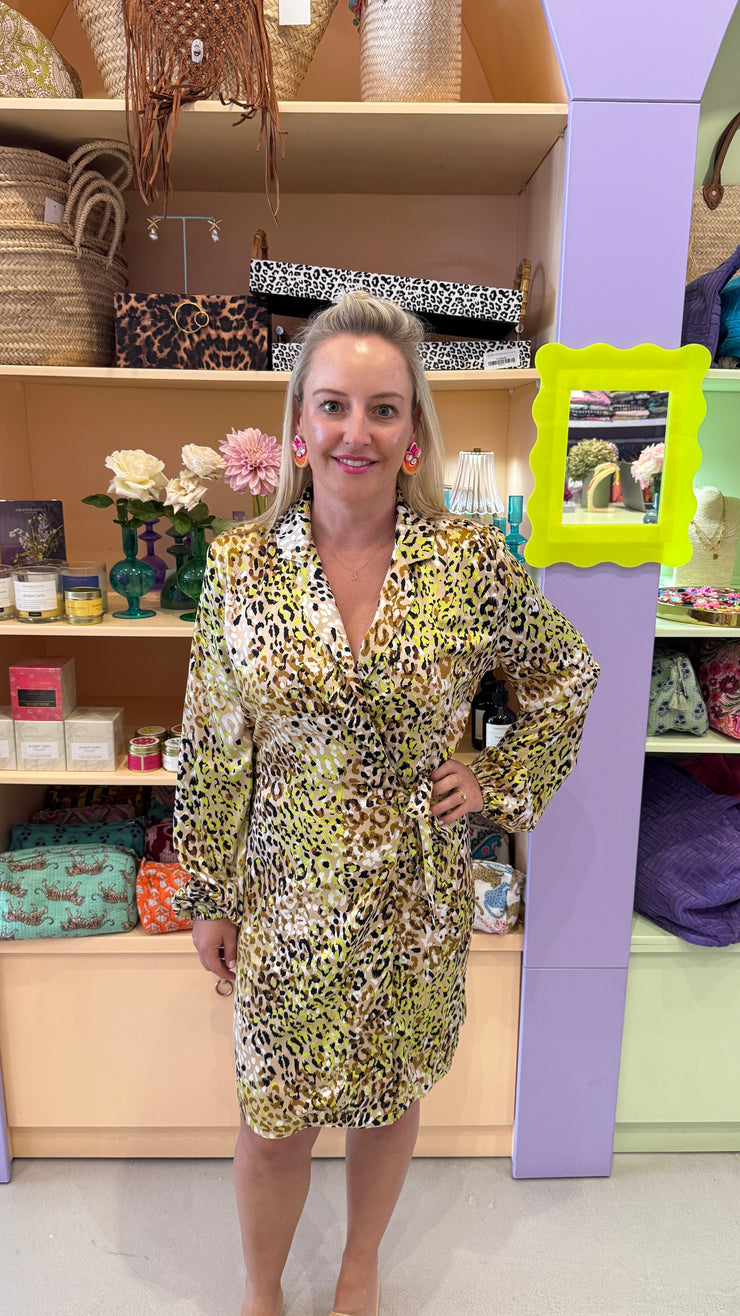 Silky Wrap Dress - Lime Leopard