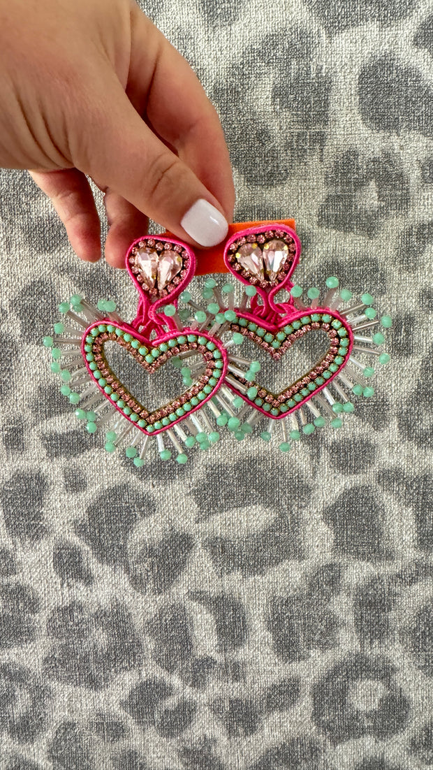 South American Earrings - Big Heart - Pink and Turquiose - Elizabeth Summer