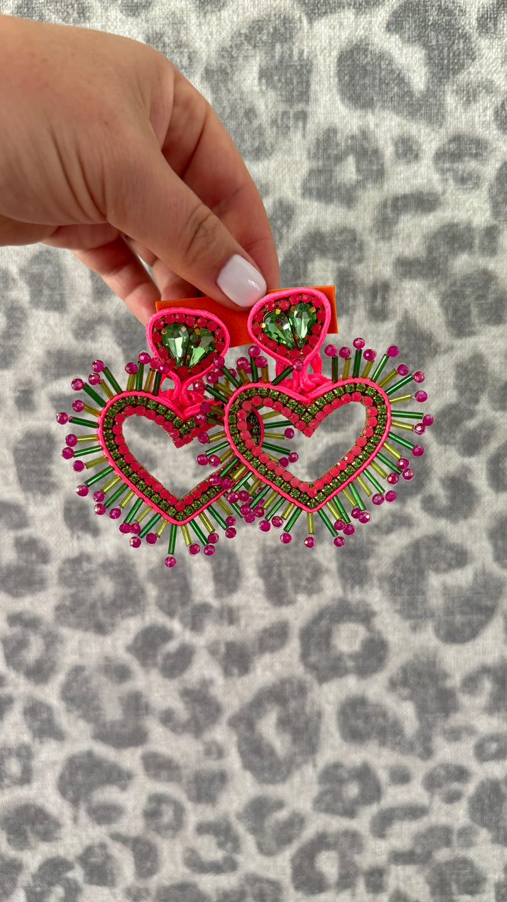 South American Earrings - Big Heart - Lumo Pink and Green - Elizabeth Summer