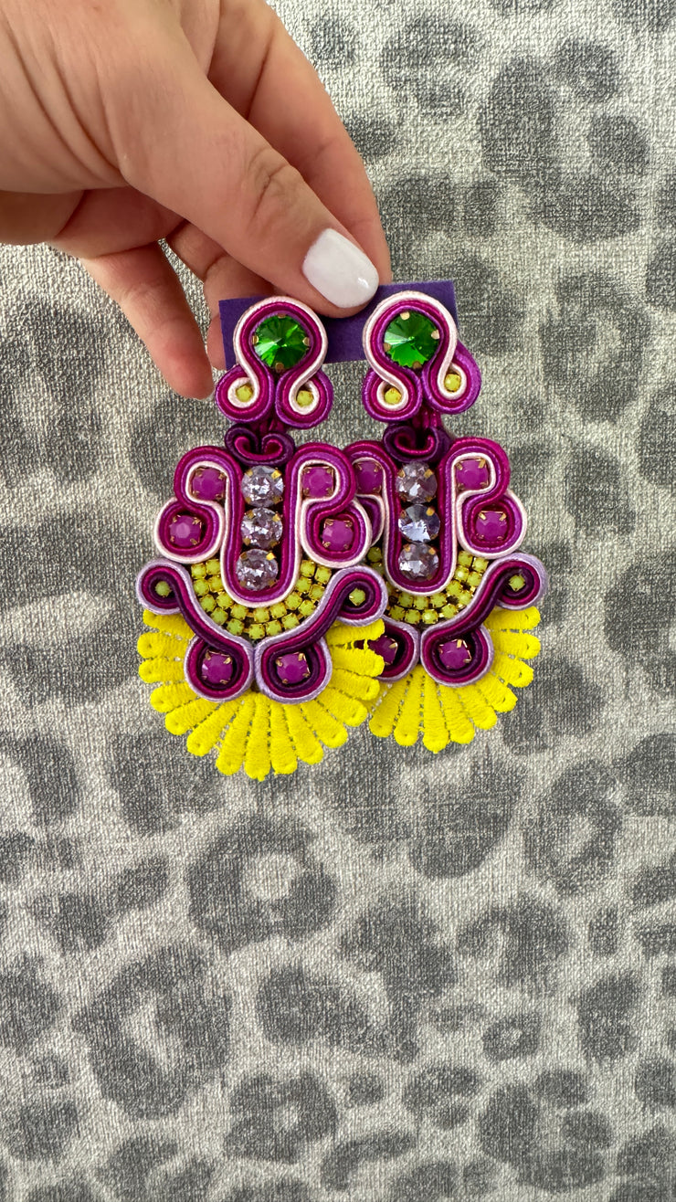 South American Earrings - 3 Stone Lace - Purple, Yellow and Green - Elizabeth Summer