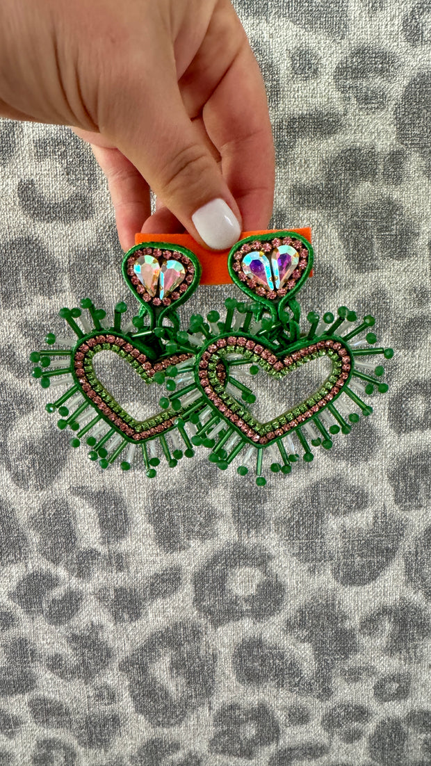 South American Earrings - Big Heart - Green with a hint of pink - Elizabeth Summer