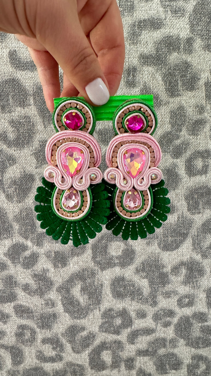 South American Earrings - Lace - Pink and Green - Elizabeth Summer