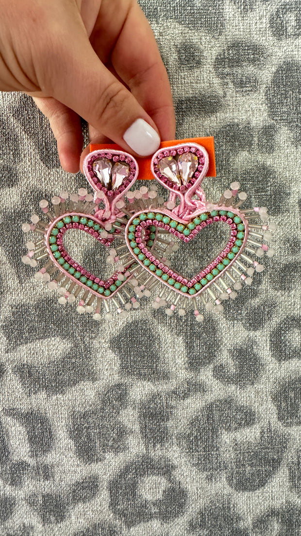 South American Earrings - Big Heart - Pale Pink and pale mint - Elizabeth Summer