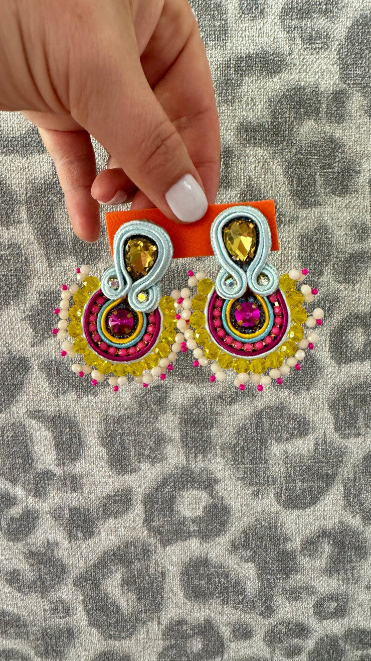 South American Earrings - Round Beaded - Pale Blue, Yellow and Pink - Elizabeth Summer