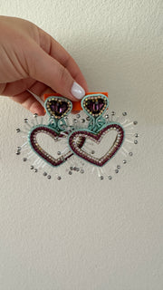 South American Earrings - Big Heart - Pale Blue with Purple and SIlver - Elizabeth Summer
