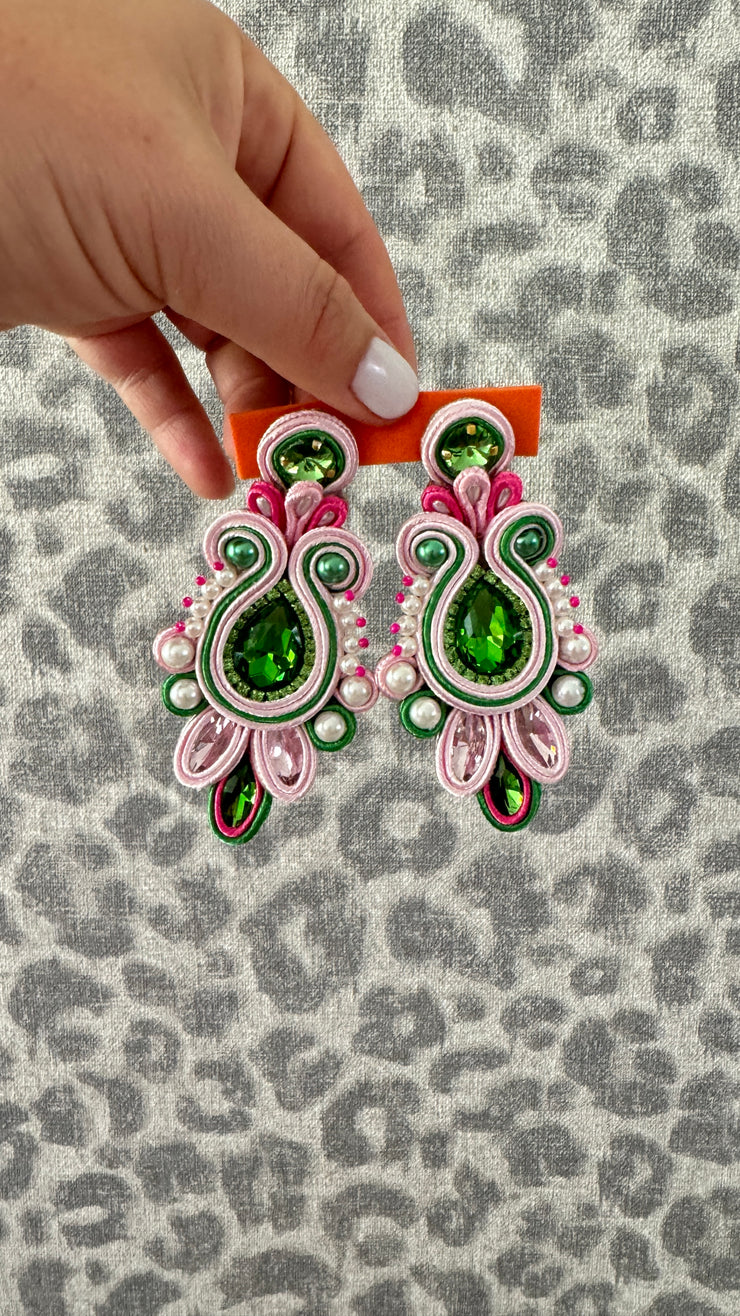 South American Earrings - Pearl Butterfly - Pale Pink, Pink and Dark Green - Elizabeth Summer