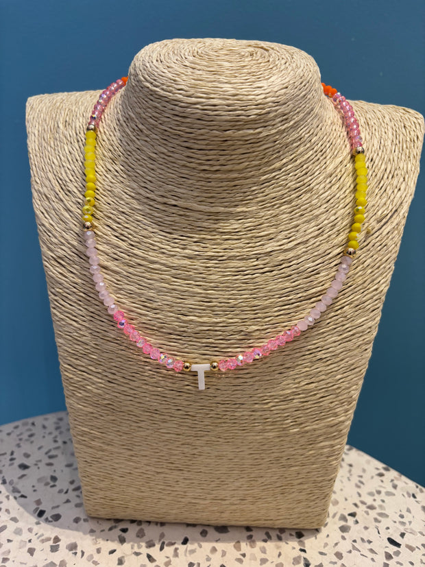 Beaded Initial Necklace - T - Pinks,Yellow & Orange - Elizabeth Summer
