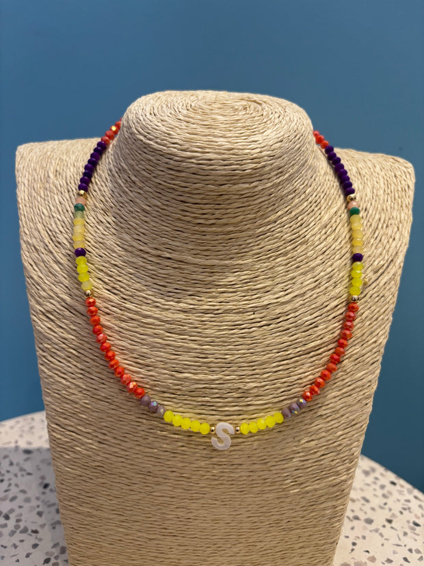 Beaded Initial Necklace - S - Yellow,Grey,Red & Purple - Elizabeth Summer