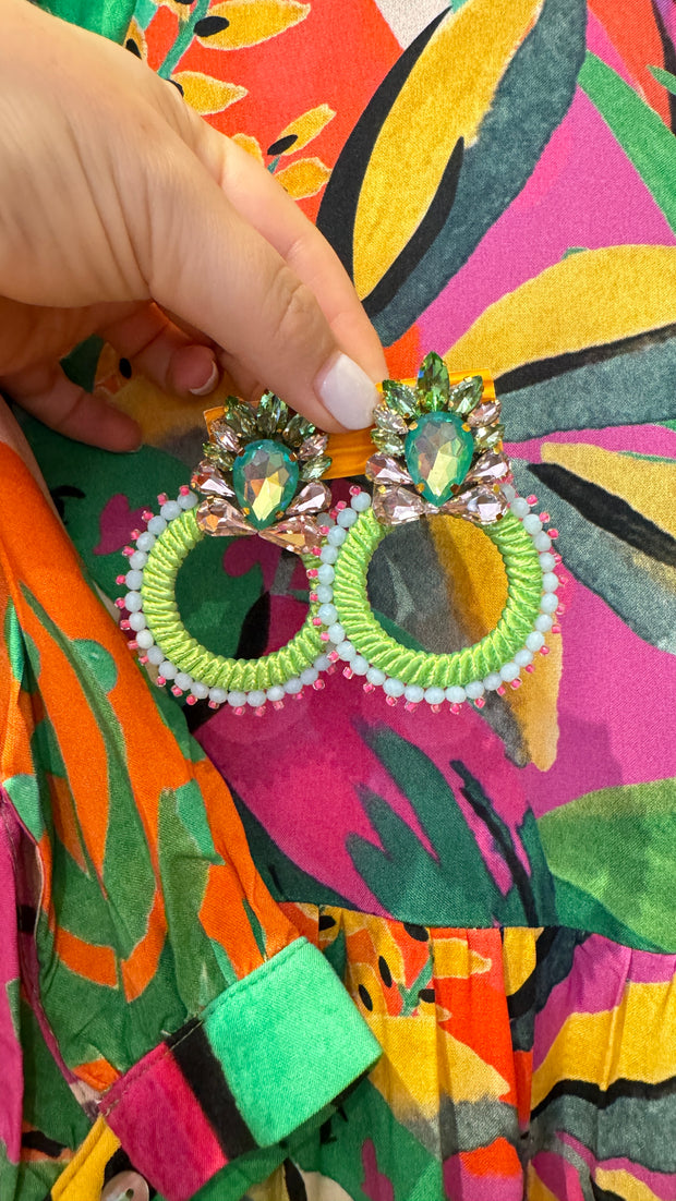 South American earrings - Hoops - Lumo Green with Pink - Elizabeth Summer