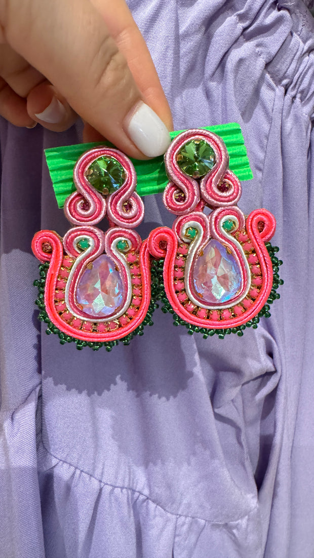 South American Earrings - Medium - Lumo Pink, Greens - Elizabeth Summer