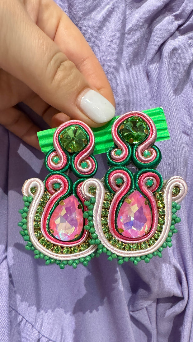 South American Earrings - Medium - Pink, Green, Pale Pink - Elizabeth Summer