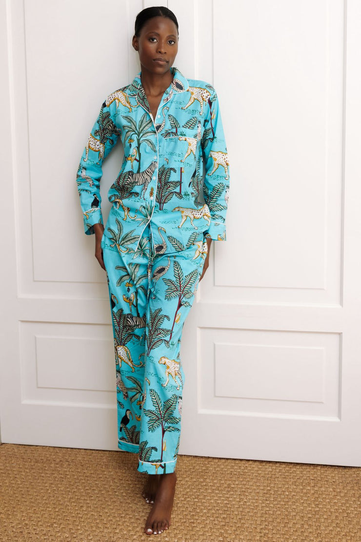 Pyjamas  - Indian Cotton Long Set - Blue Palm & Leopard - Elizabeth Summer