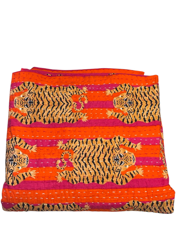 Kantha (Quilt) - King Size - Tigers - Pink & Orange