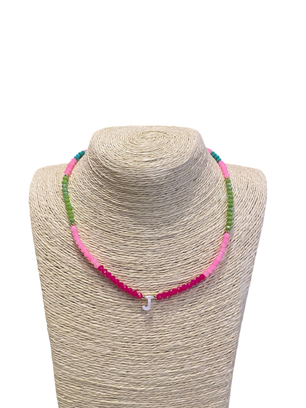 Beaded Initial Necklace - J - Pinks & Greens - Elizabeth Summer