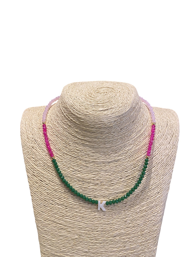 Beaded Initial Necklace - K - Green & Pink - Elizabeth Summer