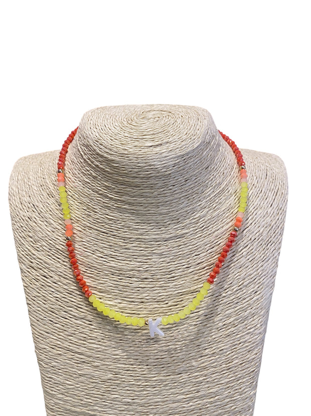 Beaded Initial Necklace - K - Yellow & Orange - Elizabeth Summer