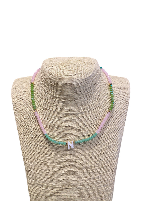 Beaded Initial Necklace - N - Green & Pink - Elizabeth Summer