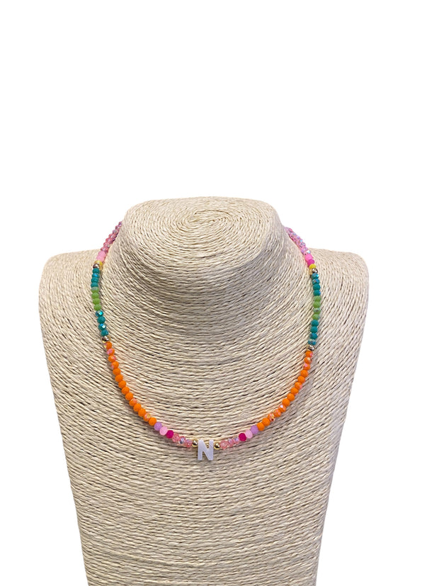 Beaded Initial Necklace - N - Pink,Orange & Green - Elizabeth Summer