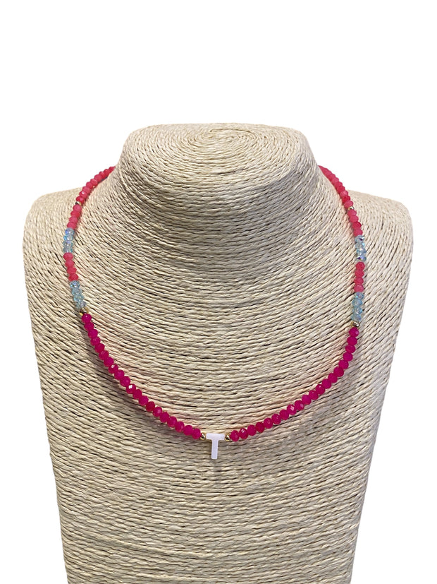 Beaded Initial Necklace - T - Pinks & Blue - Elizabeth Summer