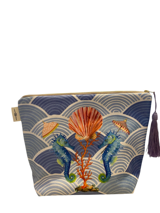 Blue Seahorse - Velvet Makeup Bag - Elizabeth Summer