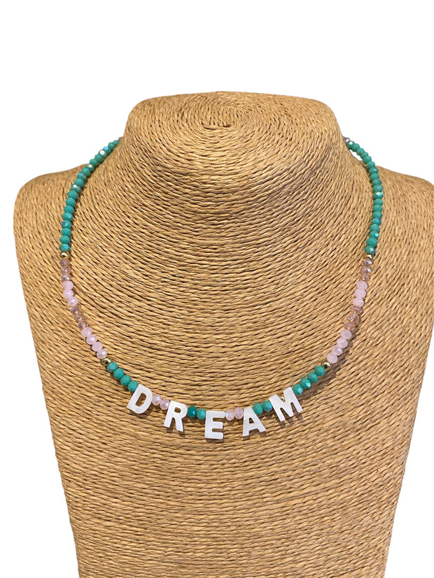 Beaded Initial Necklace - DREAM - Green & Pale Pink - Elizabeth Summer