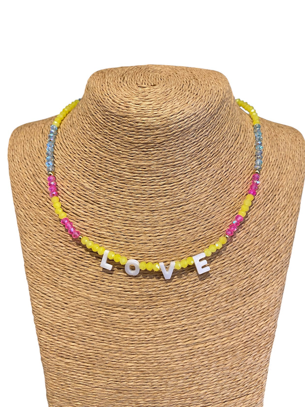 Beaded Initial Necklace - LOVE - Yellow/Pink/Blue - Elizabeth Summer