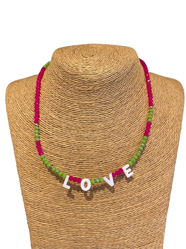 Beaded Initial Necklace - LOVE - Green & Bright Pink - Elizabeth Summer