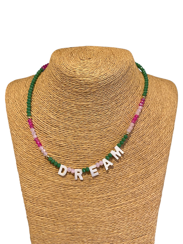 Beaded Initial Necklace - DREAM - Green & Bright Pink - Elizabeth Summer