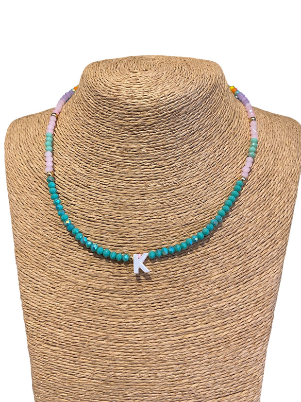 Beaded Initial Necklace - K - Green/Pink/Purple/Yellow - Elizabeth Summer
