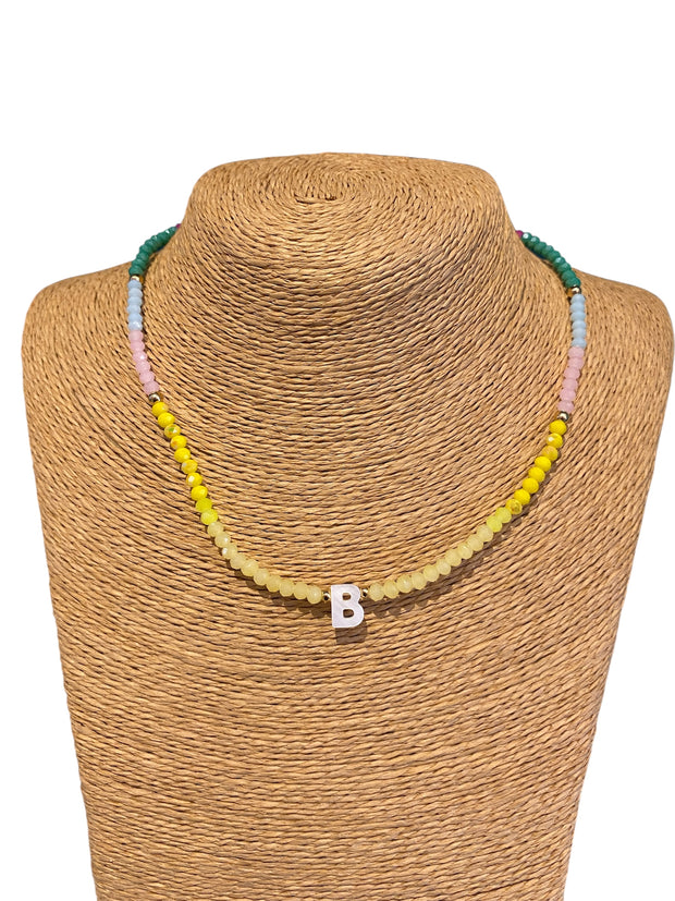 Beaded Initial Necklace - B - Yellow/Pale Pink/Blue/Green/Navy/Red - Elizabeth Summer