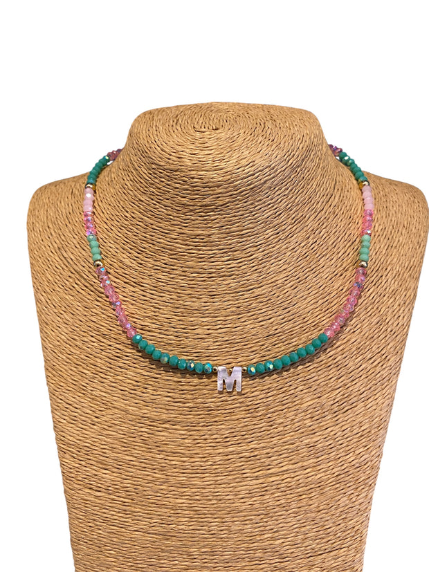 Beaded Initial Necklace - M - Green & Pink - Elizabeth Summer