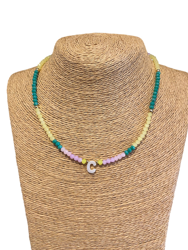 Beaded Initial Necklace - C - Pale Pink/Yellow/Green - Elizabeth Summer