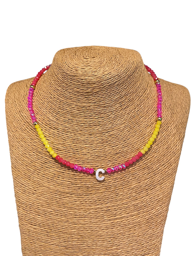 Beaded Initial Necklace - C - Pink & Yellow - Elizabeth Summer