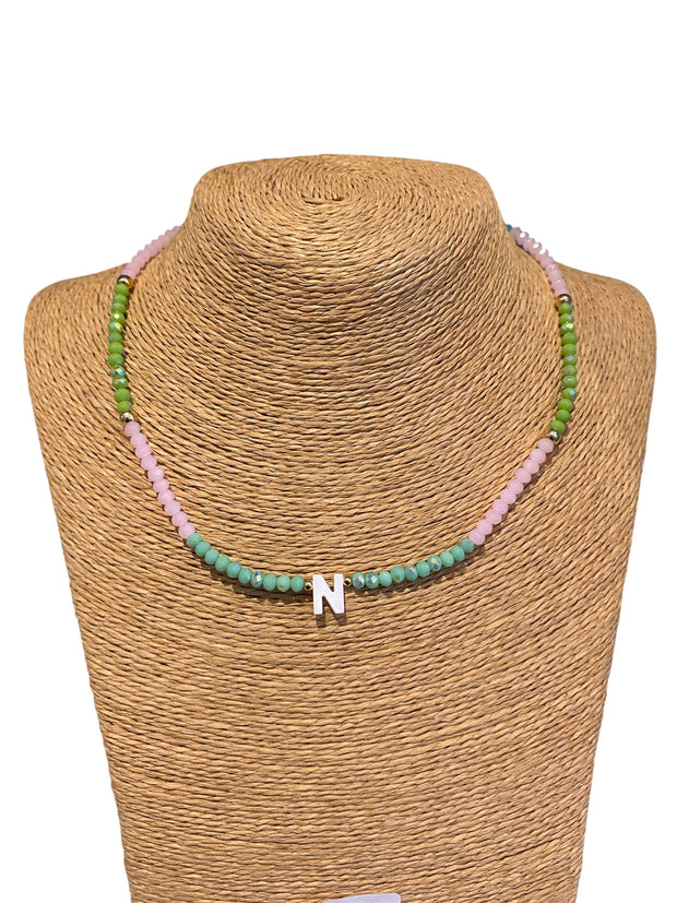 Beaded Initial Necklace - N - Green & Pink - Elizabeth Summer