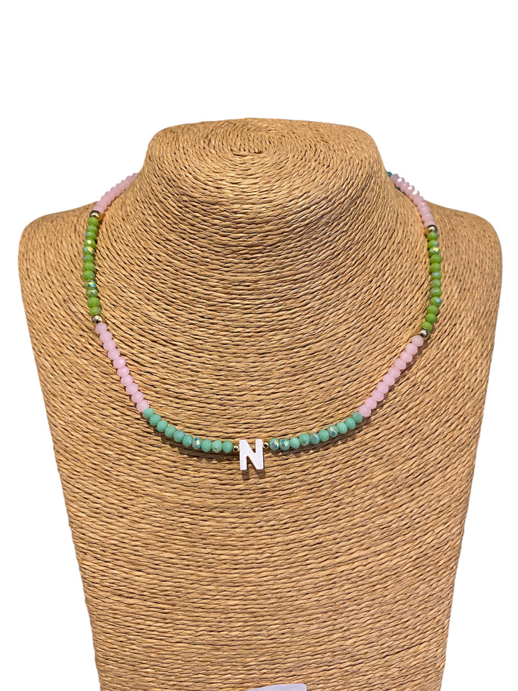 Beaded Initial Necklace - N - Green & Pink - Elizabeth Summer
