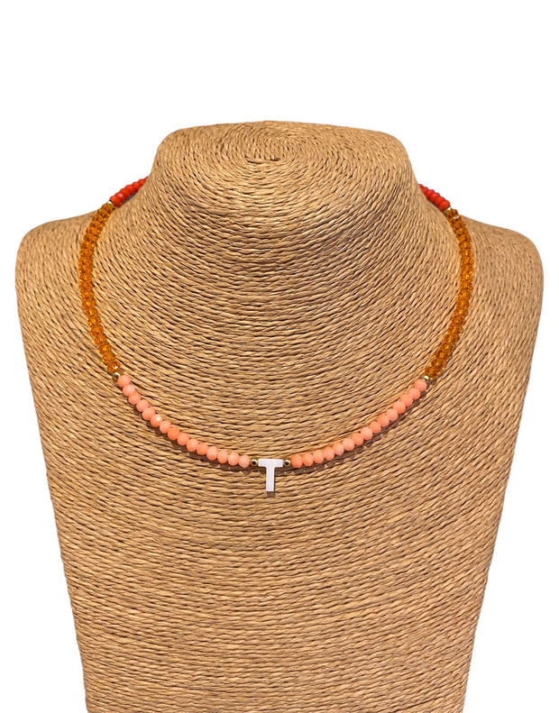 Beaded Initial Necklace - T - Oranges - Elizabeth Summer