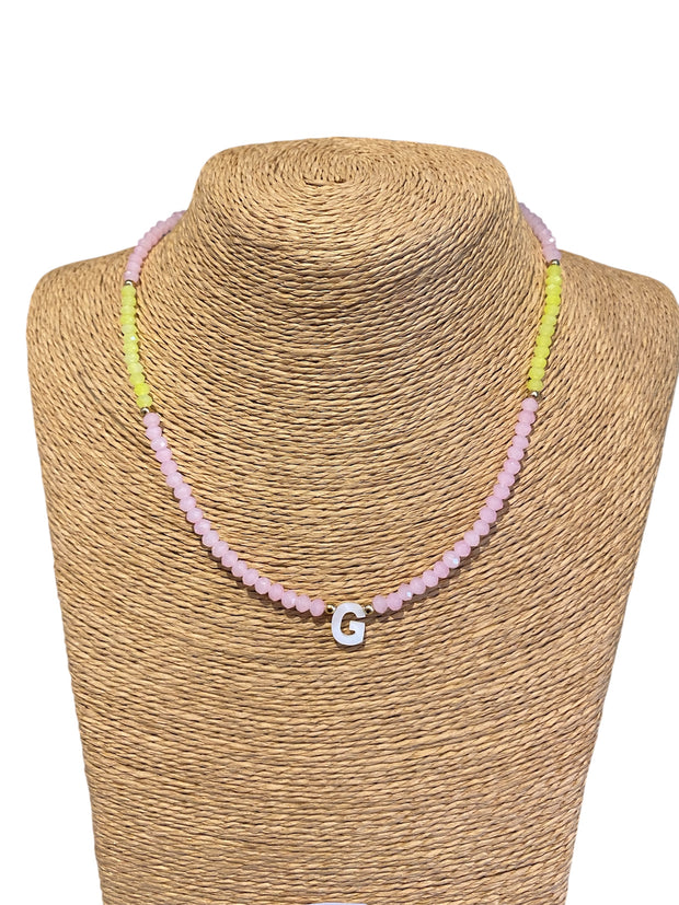 Beaded Initial Necklace - G - Lime & Pink - Elizabeth Summer