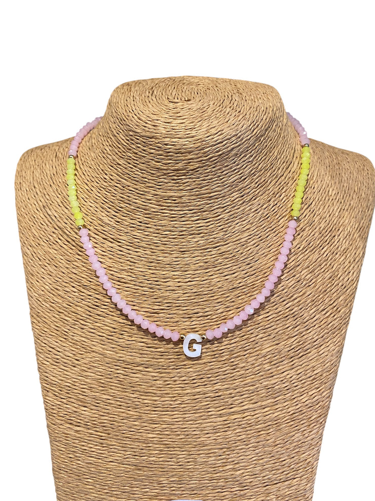 Beaded Initial Necklace - G - Lime & Pink - Elizabeth Summer
