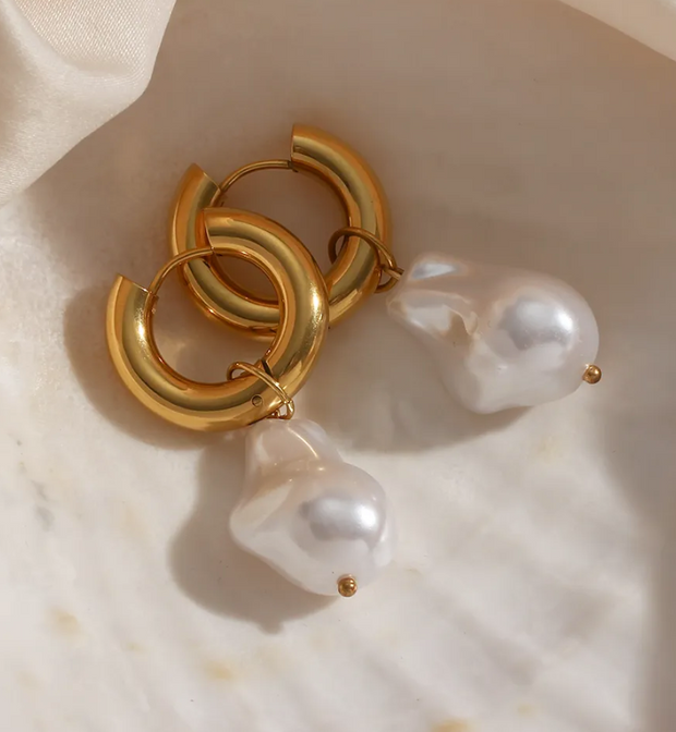 Tarnish Free - Earrings - Chunky Hoop with Pearl - Elizabeth Summer