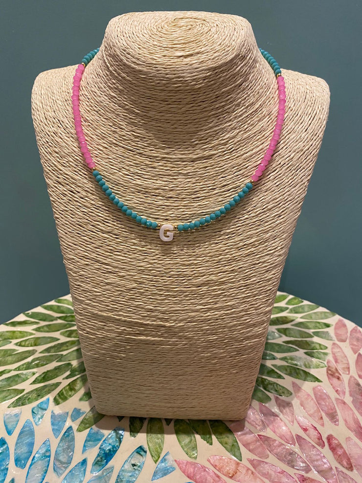 Beaded Necklace - initial - G - Green & Pink