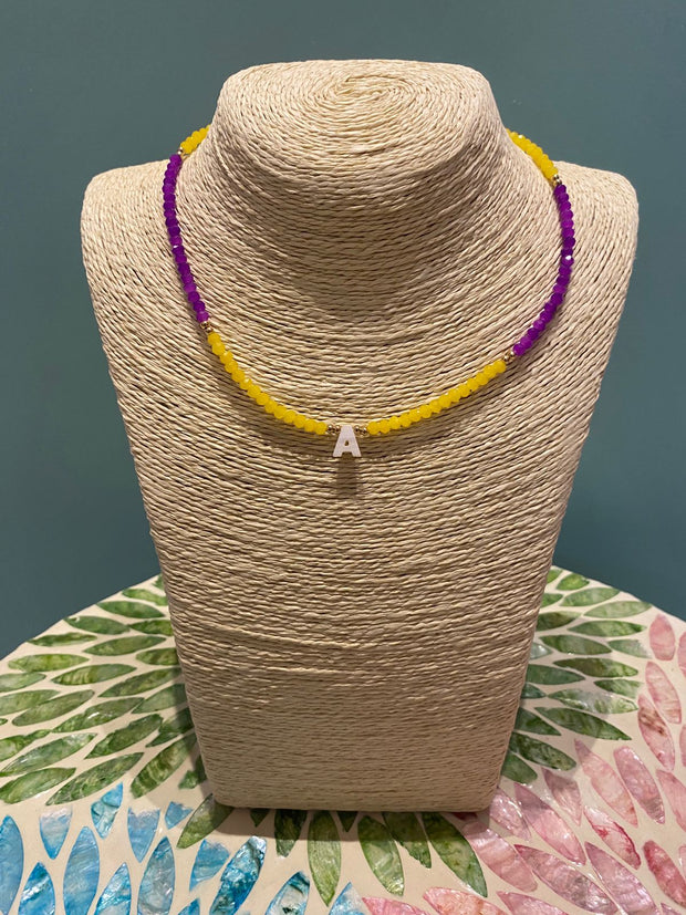 Beaded Necklace - initial - A - Yellow & Purple