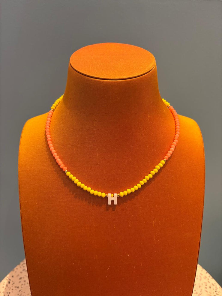 Beaded Initial Necklace - H - Orange & Yellow