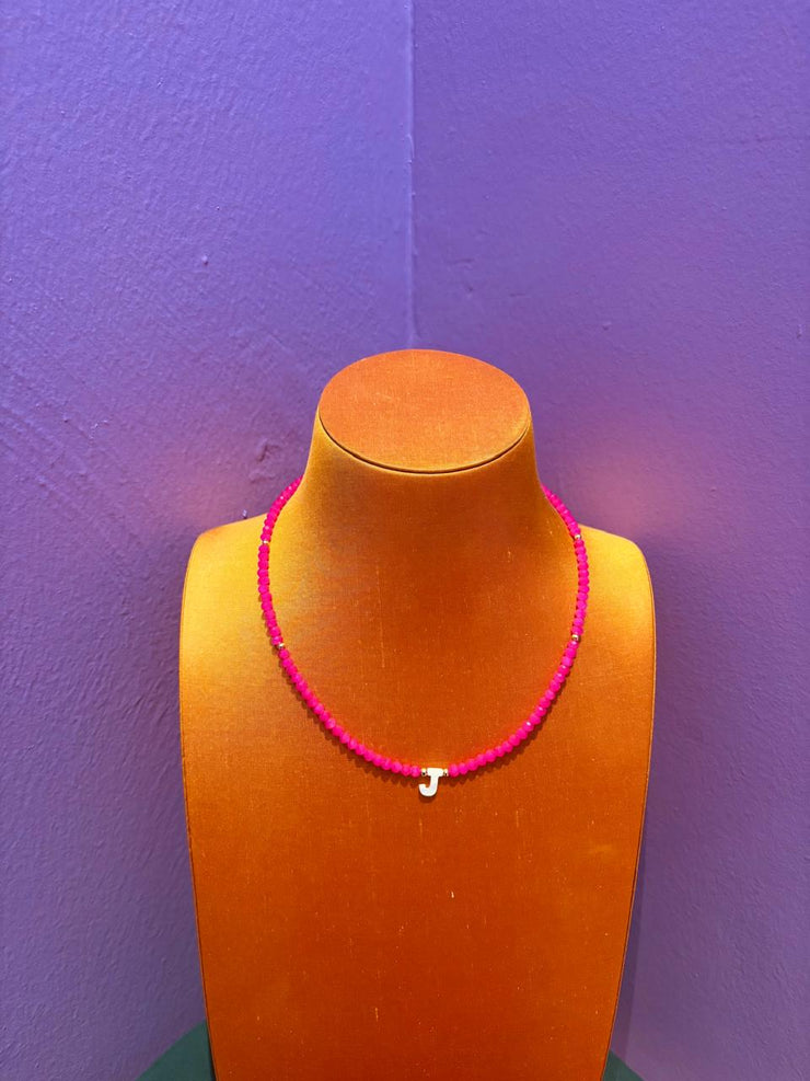 Beaded Initial Necklace - J - Neon Pink