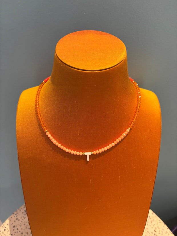 Beaded Initial Necklace - T - Orange