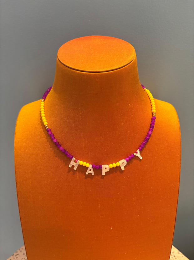 Beaded Necklace - HAPPY - Purple & Yellow