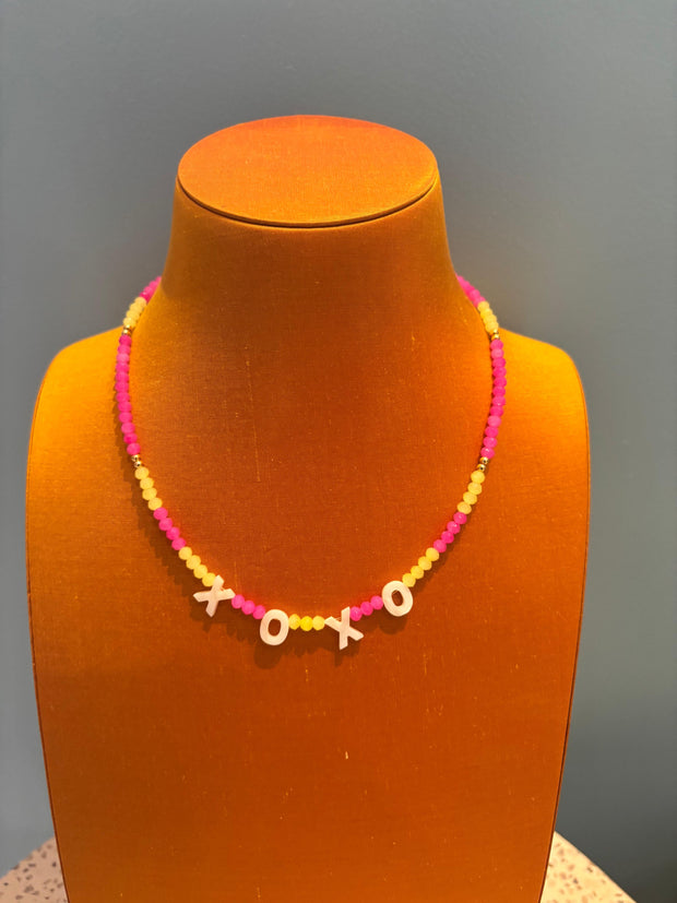 Beaded Necklace - XOXO - Lemon & Pink