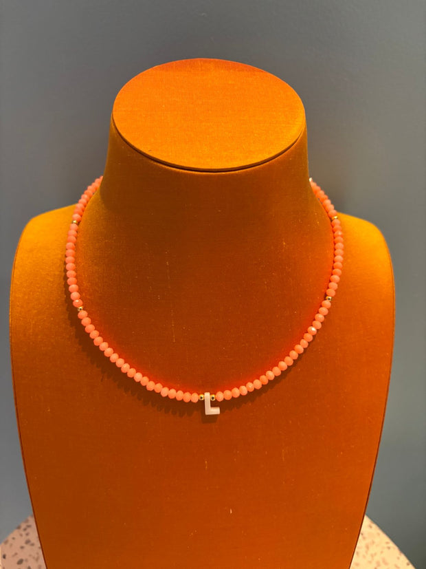 Beaded Initial Necklace - L - Neon Orange